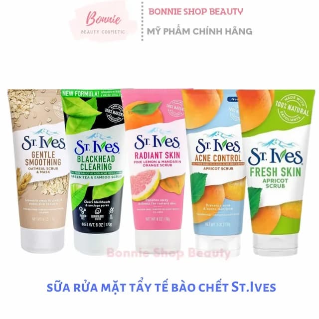 Sữa Rửa Mặt Tẩy tế bào chết St.Ives Scrub Trà Xanh/ Yến Mạch/ Chanh/ Mơ 170g, Sữa Rửa Mặt  St.ives  Làm Sạch Và Sáng Mịn Da St.ives Bonnie Shop Beaty